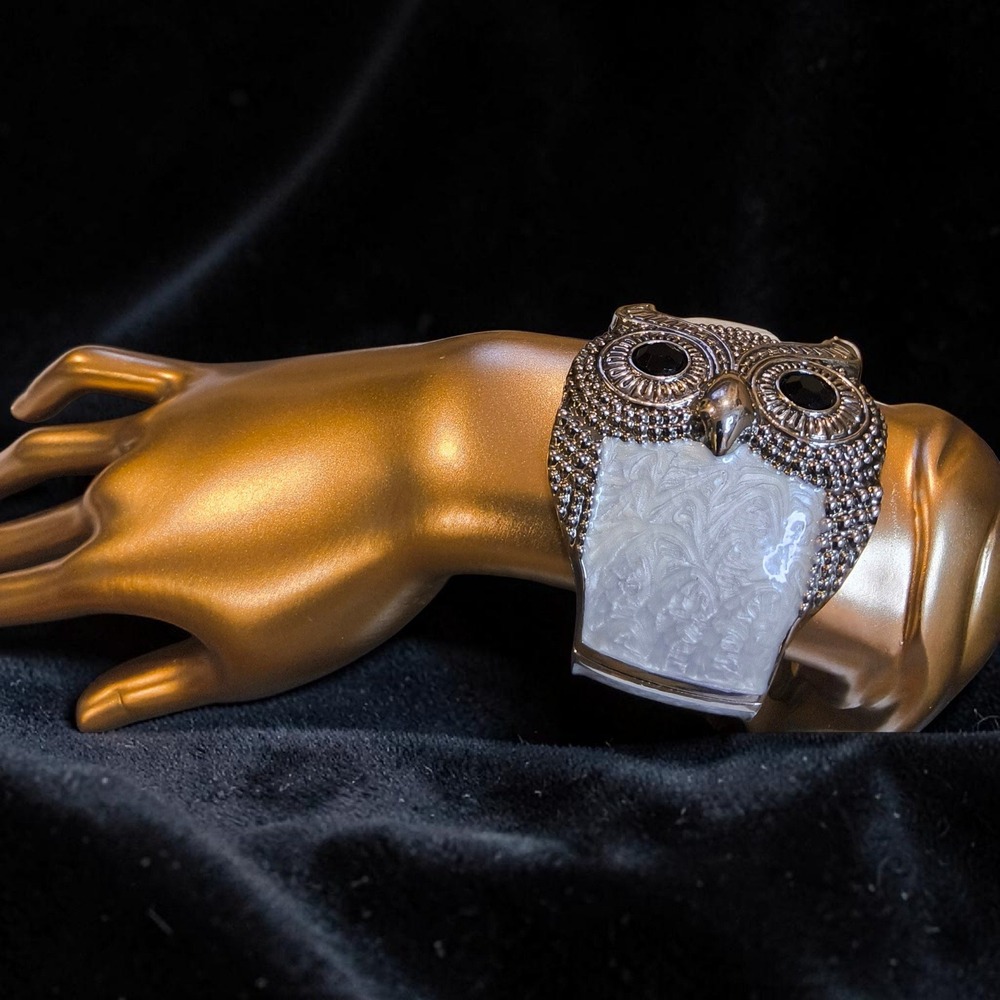Silver Tone Owl Cuff Bracelet White Marbled Resin Statement Hinge Bangle - Picture 2 of 11